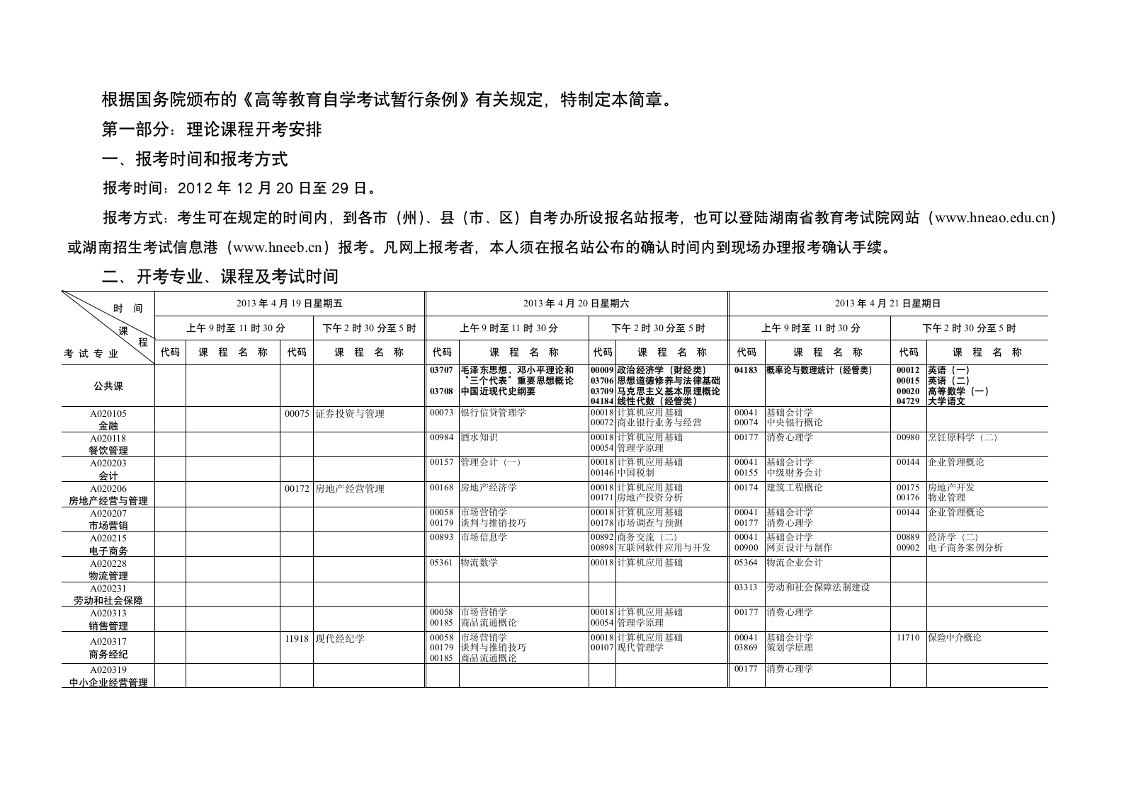 2013年04月湖南自考报考简章(笔试科目安排)第1页