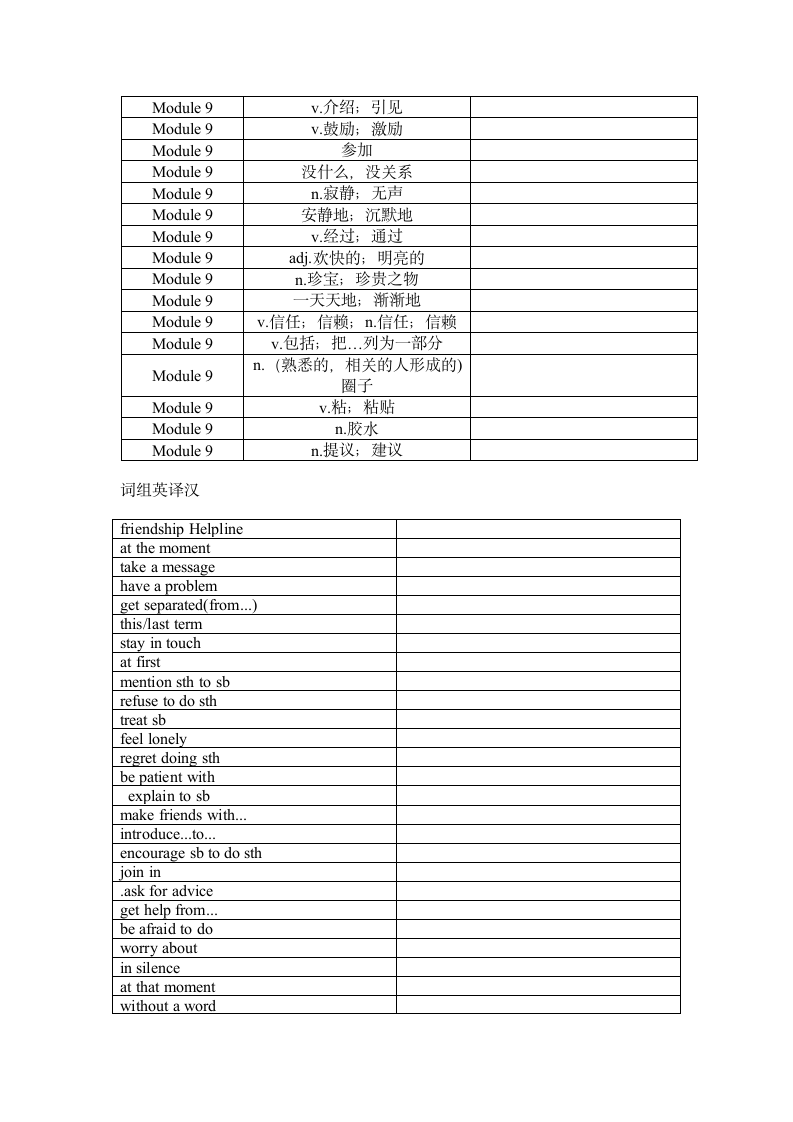 Module 9 Friendship 单词、词组默写清单（含答案）.doc第2页