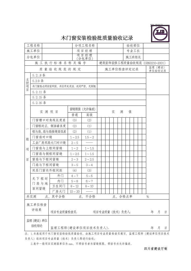 木门窗安装检验批质量验收记录.doc