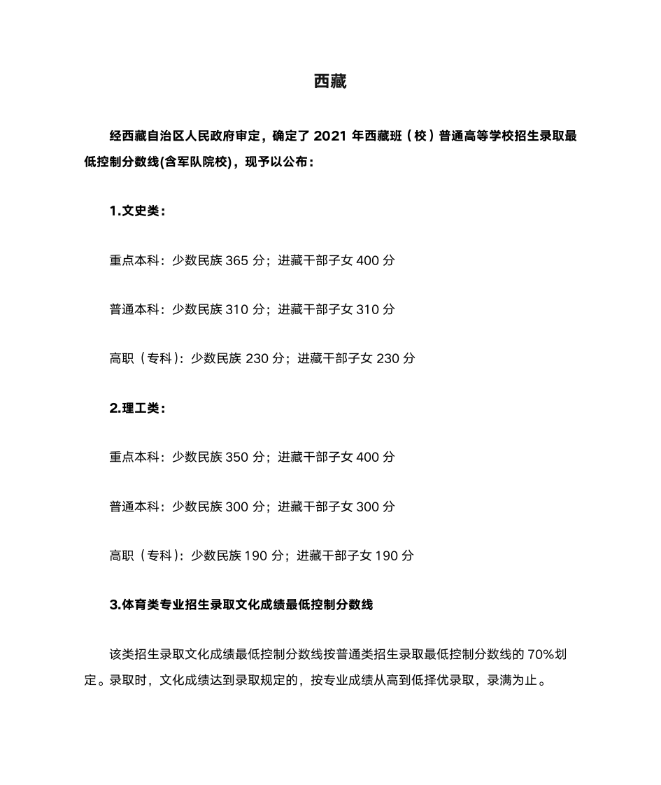 西藏2021年高考本科投档线第1页