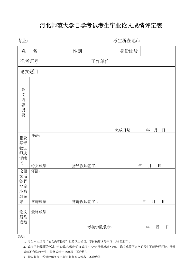 自考毕业论文成绩评定表第1页