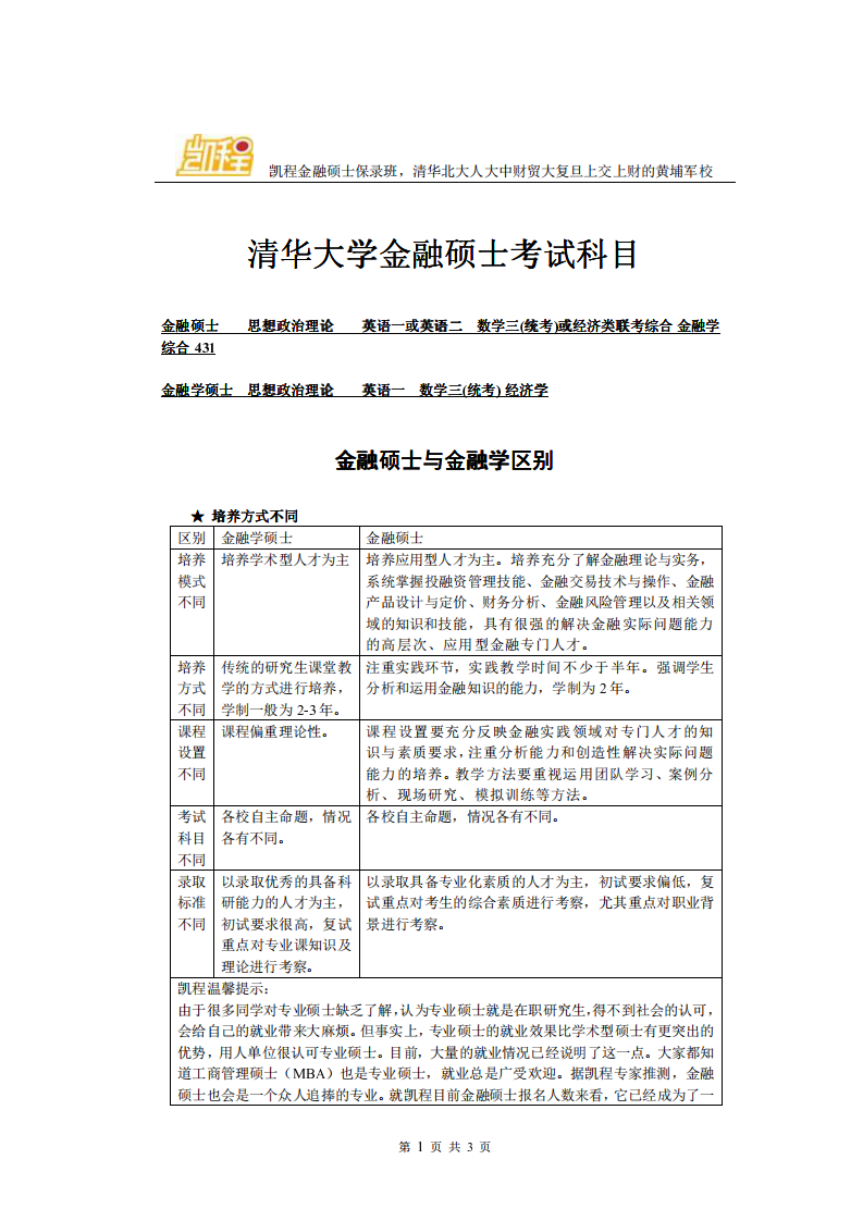 清华大学金融硕士考试科目第1页