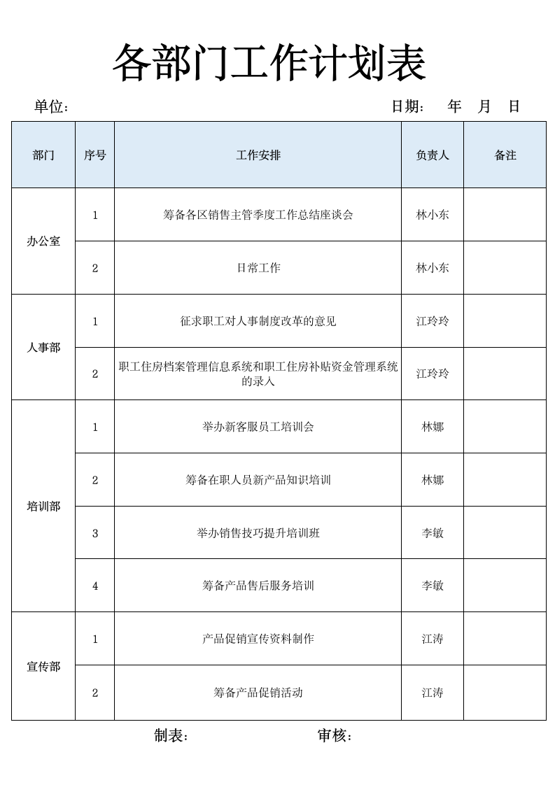 各部门工作计划表周工作计划表.docx