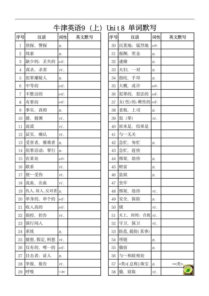 牛津译林版九年级上册书本单词默写（无答案）.doc第8页