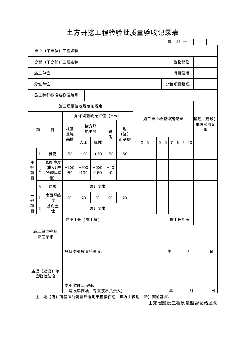 某工程土方开挖工程检验批质量验收记录表.doc