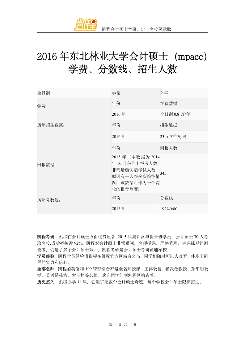 2016年东北林业大学会计硕士(mpacc)学费、分数线、招生人数第1页