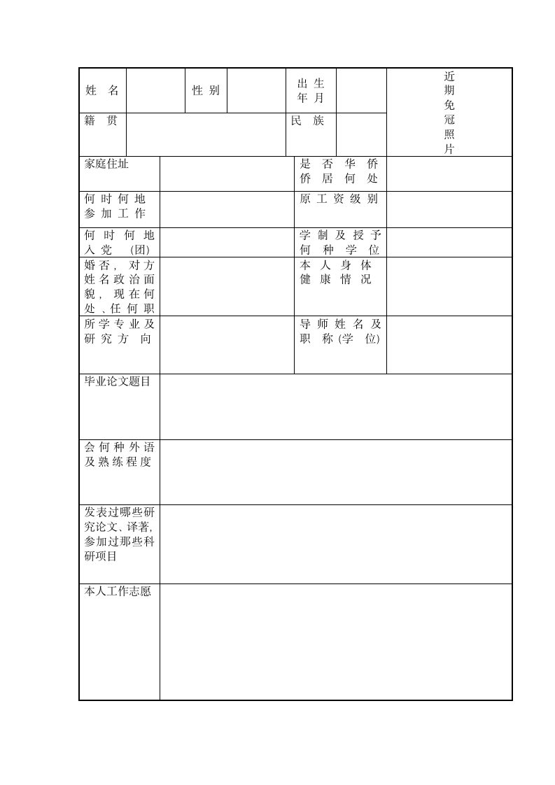 北京印刷学院 毕业生登记表第3页