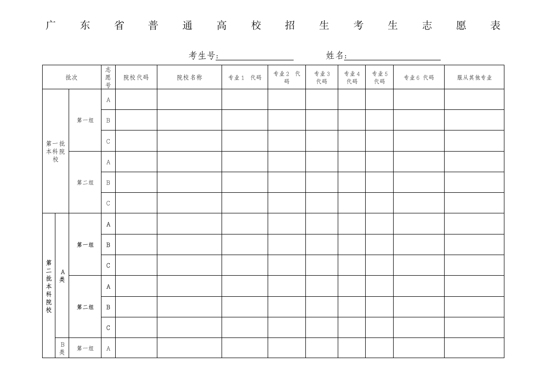 广东省高考志愿填报表第1页