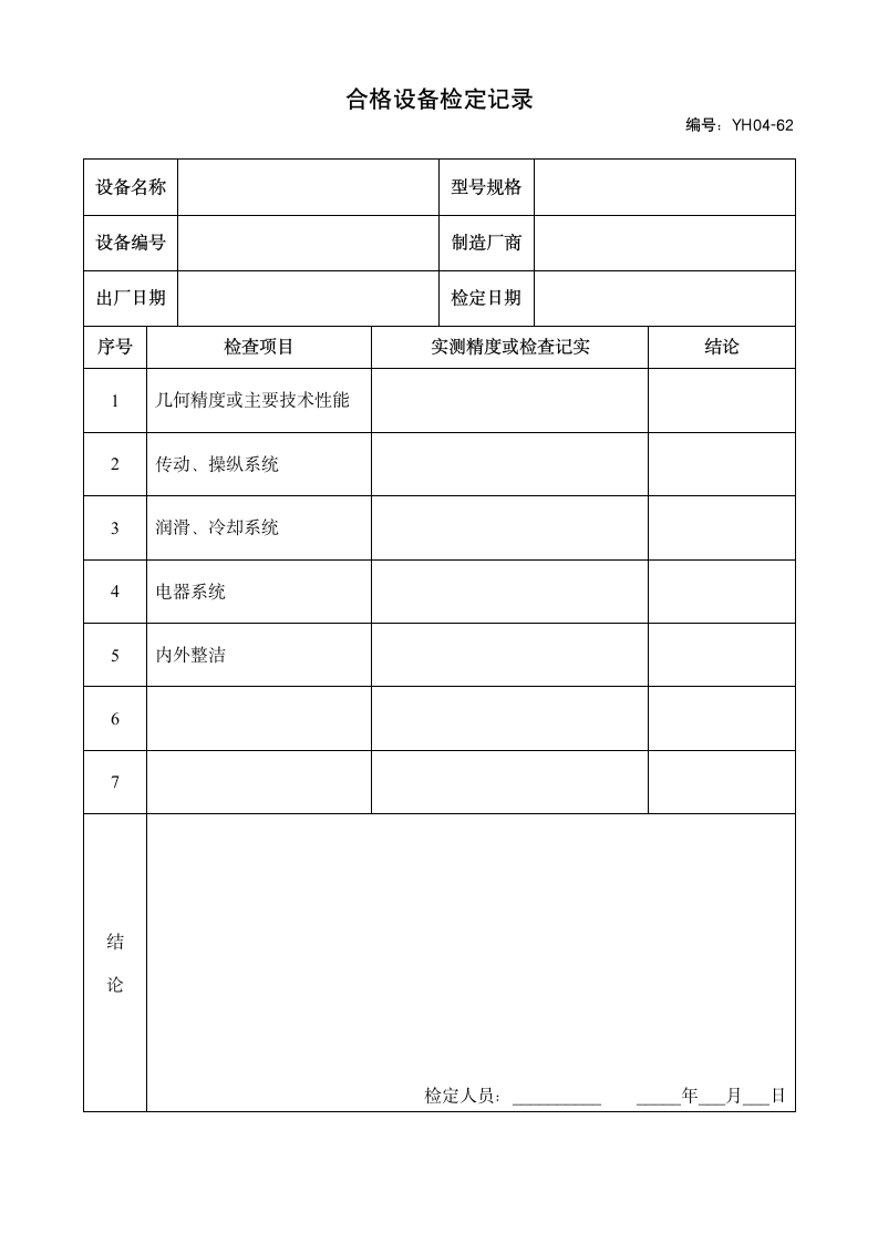 合格设备机器检验单检定记录表.doc