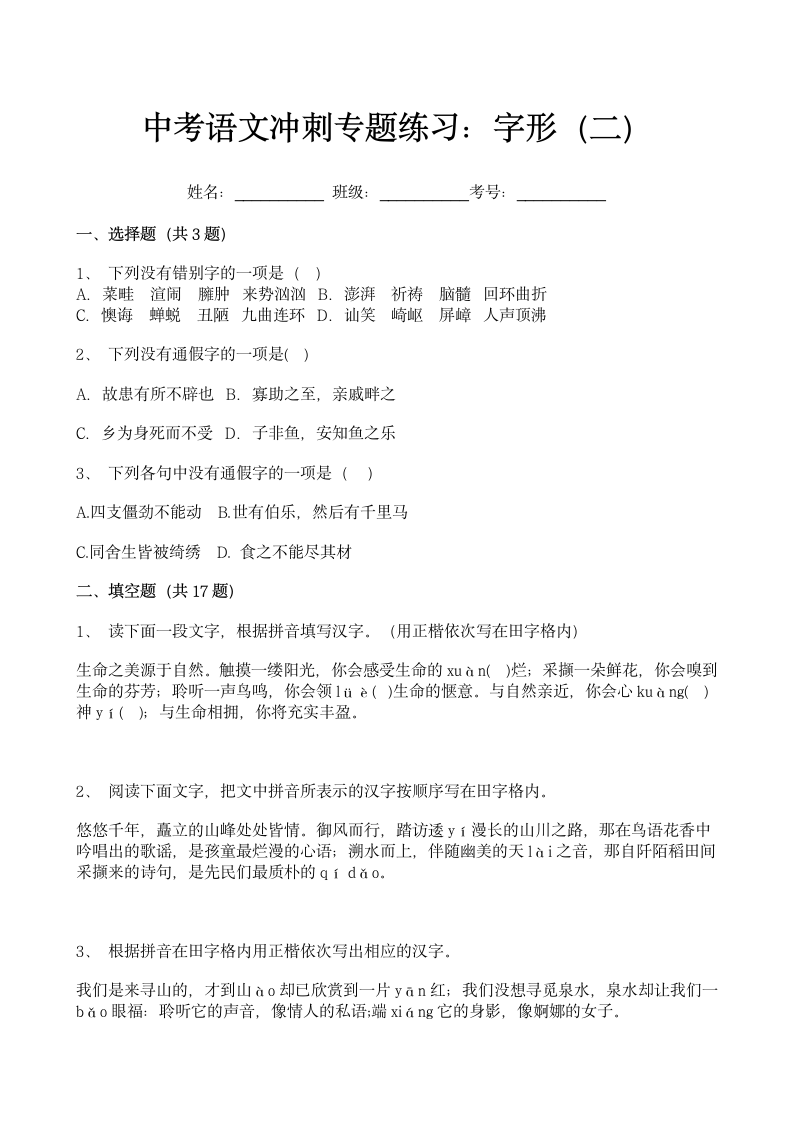 中考语文冲刺练习：字形（二）.docx