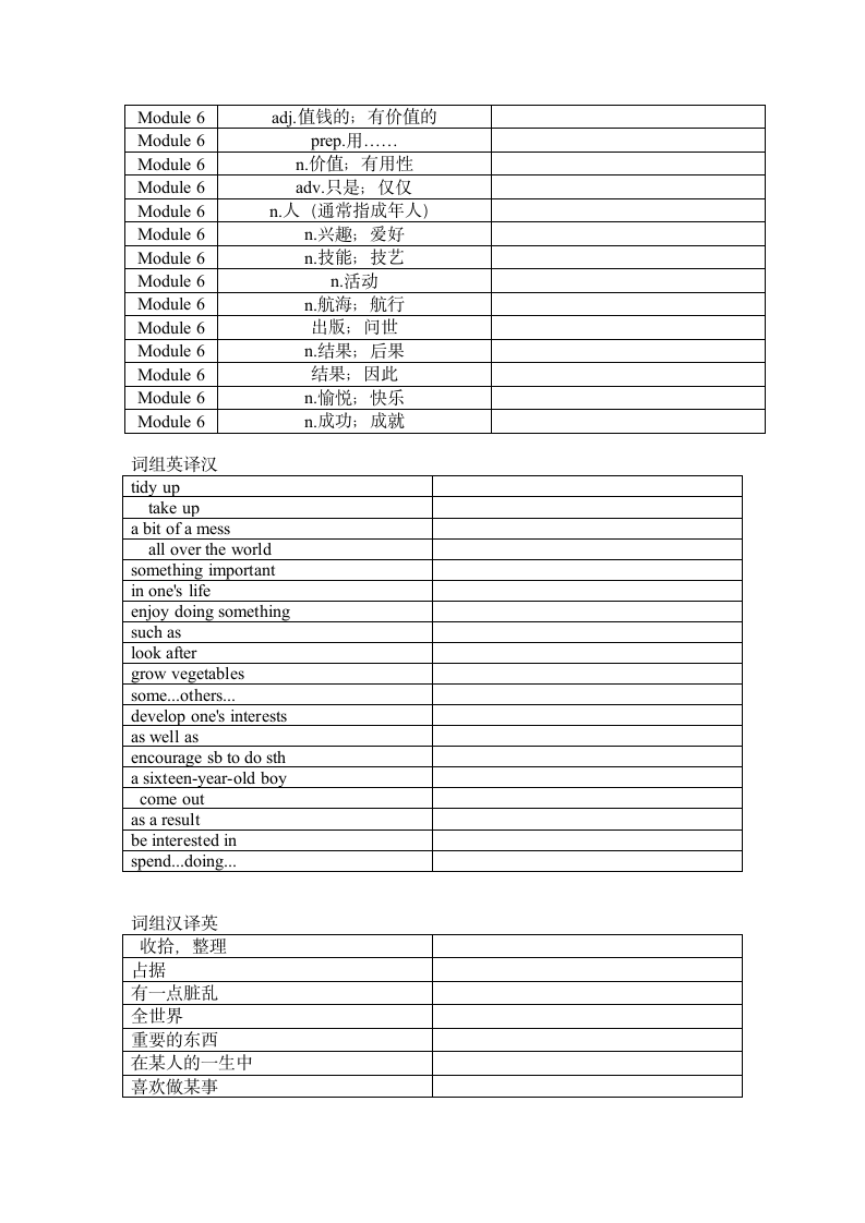 Module 6 Hobbies 单词、词组默写清单（含答案）.doc第2页