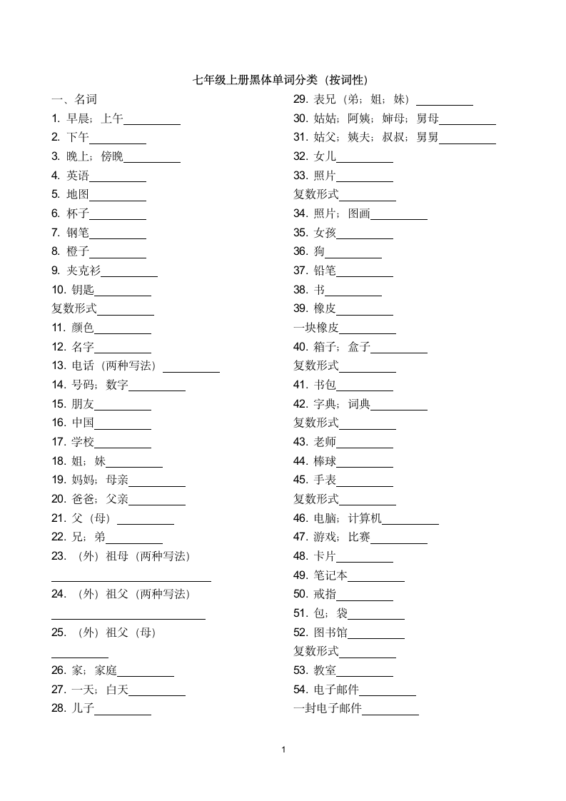 人教七年级英语上册单词分类默写(按词性)（无答案）.doc第1页