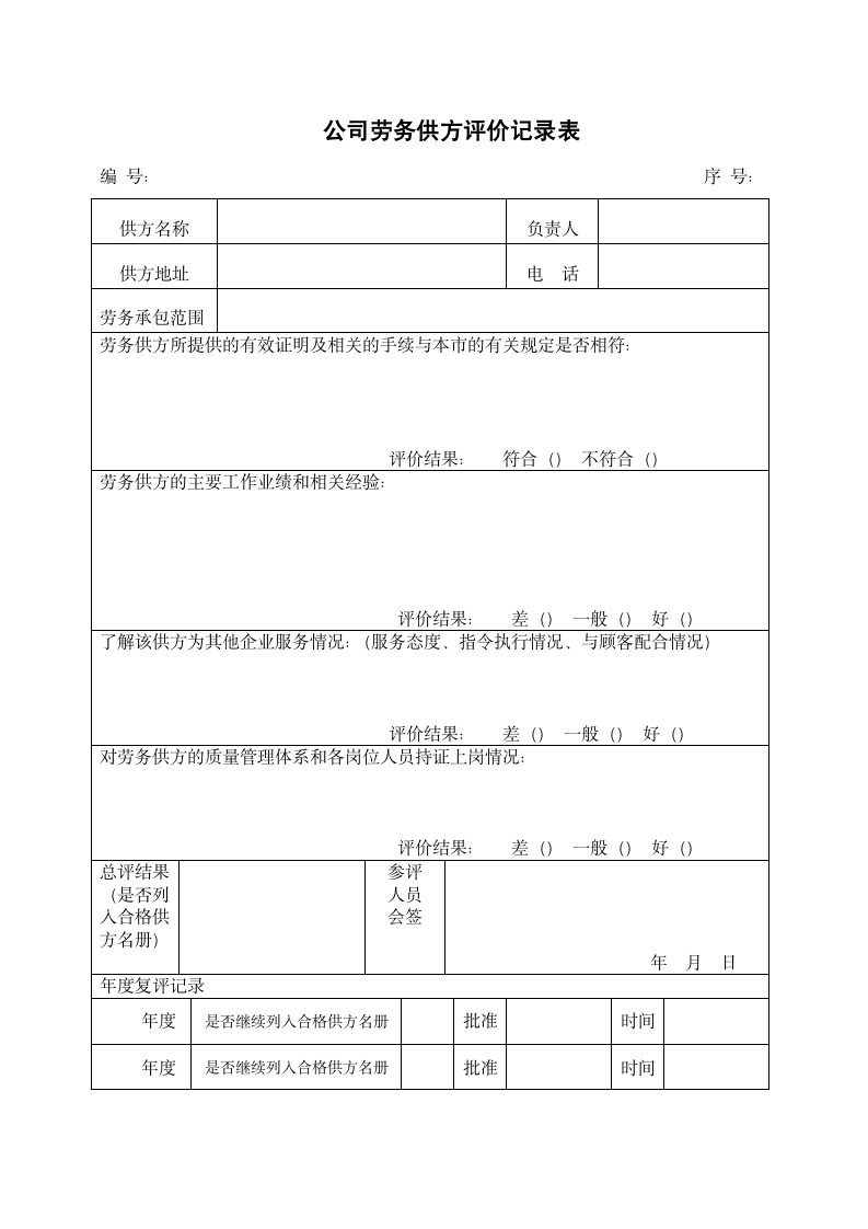 公司劳务供方评价记录表.docx