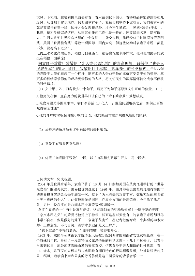 2021中考语文复习冲刺现代文阅读热点训练：袁隆平院士相关题材（文字版含答案）.doc第6页