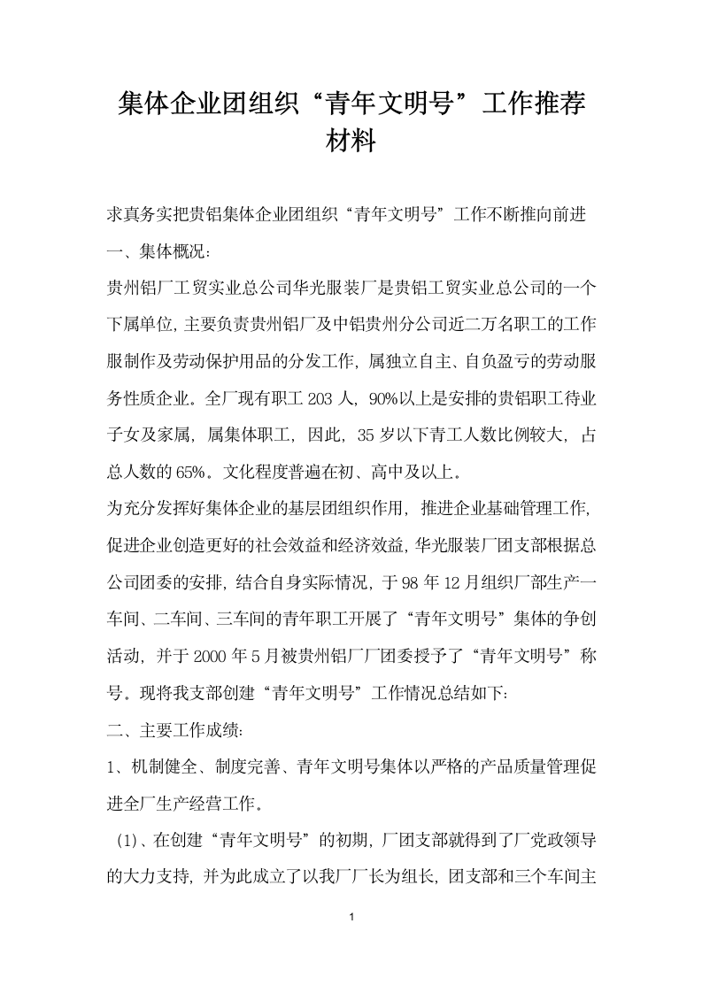 集体企业团组织青年文明号 工作推荐材料.doc