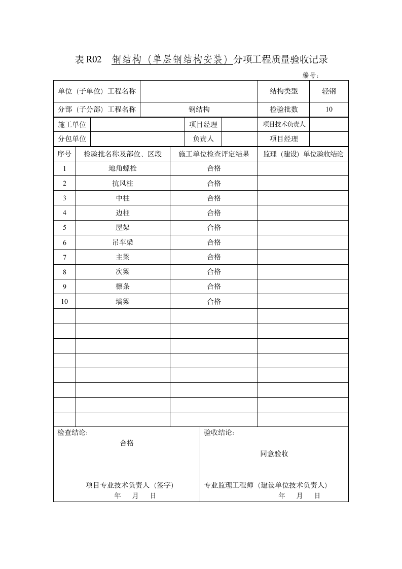 钢结构单层钢结构安装分项工程质量验收记录.doc