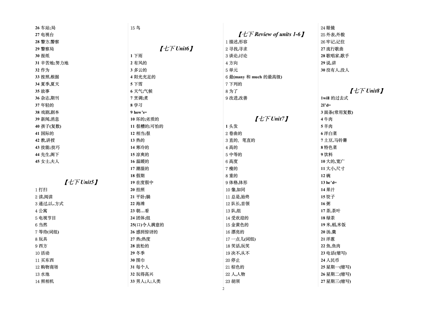 七年级下册所有单词的汉语，适合学生复习时默写。.doc第2页
