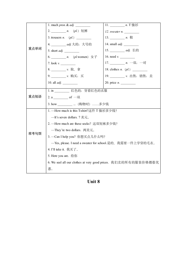 Unit1-9单元单词、短语、句型总结 2022-2023学年人教版七年级英语上册（无答案）.doc第8页