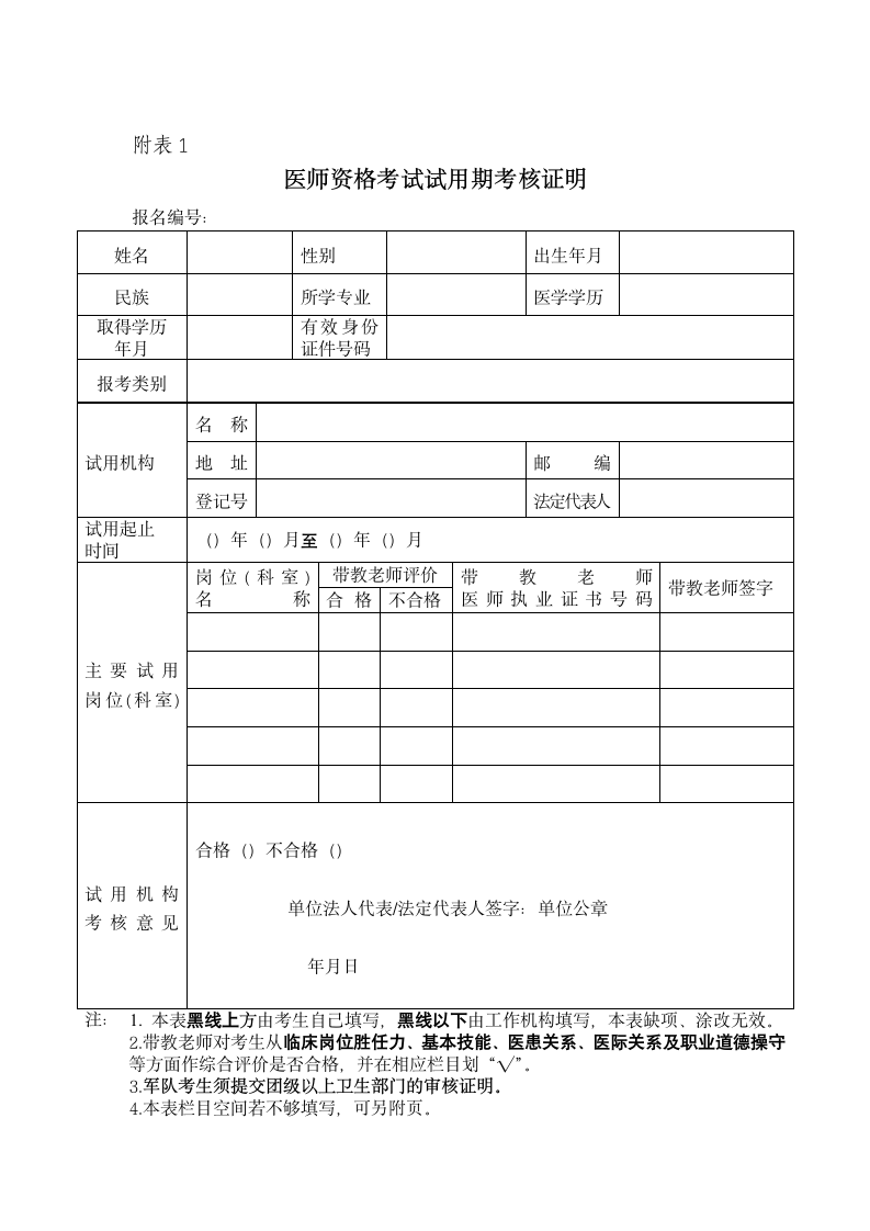 职业医师资格考试报名下载附件表格第1页