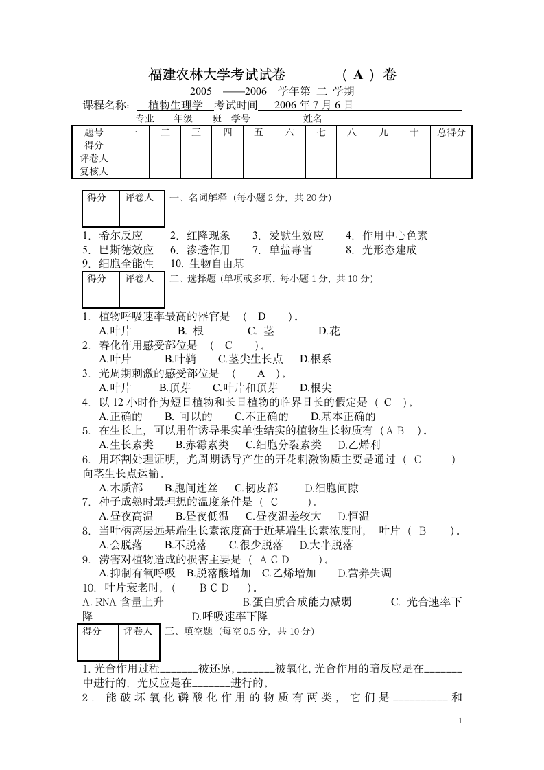 福建农林大学考试试卷第1页