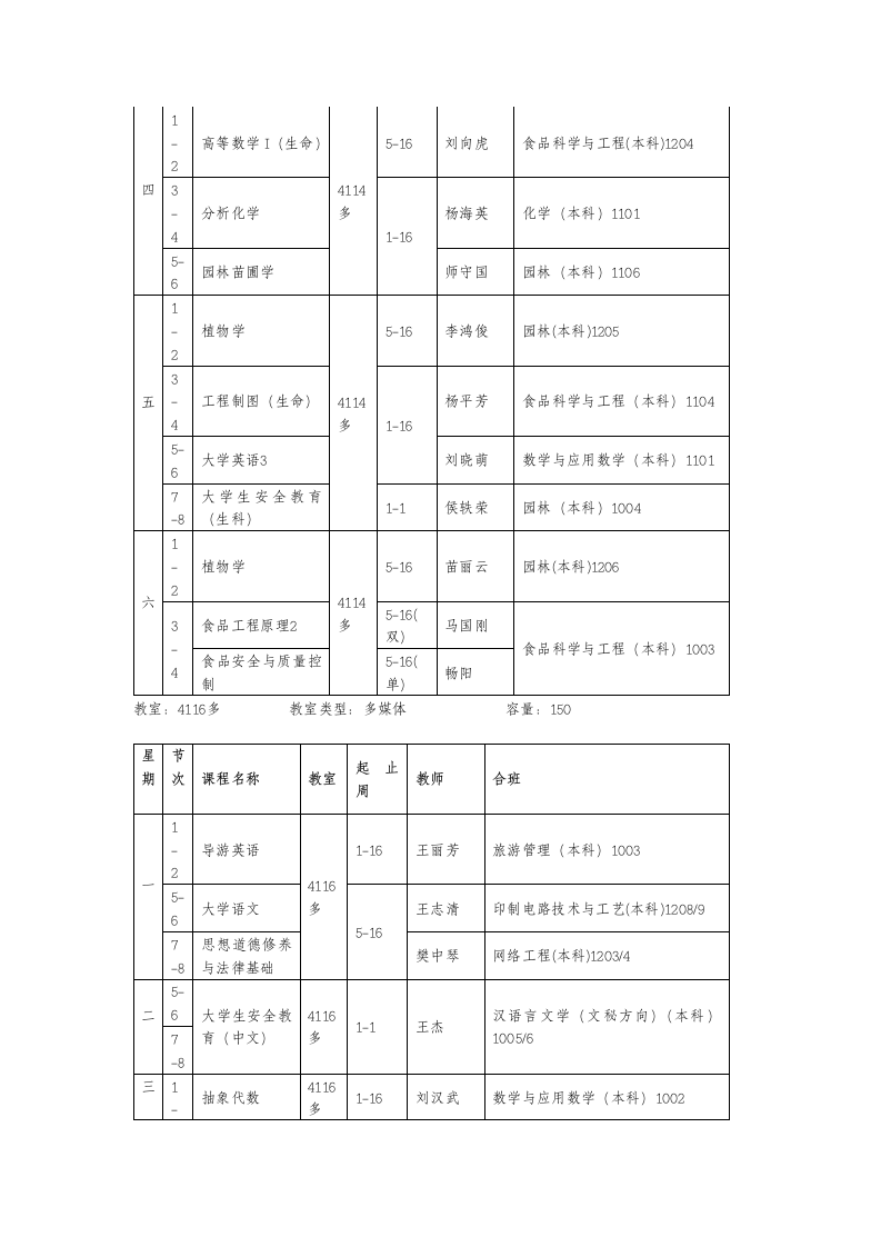 运城学院部分教室课表第3页