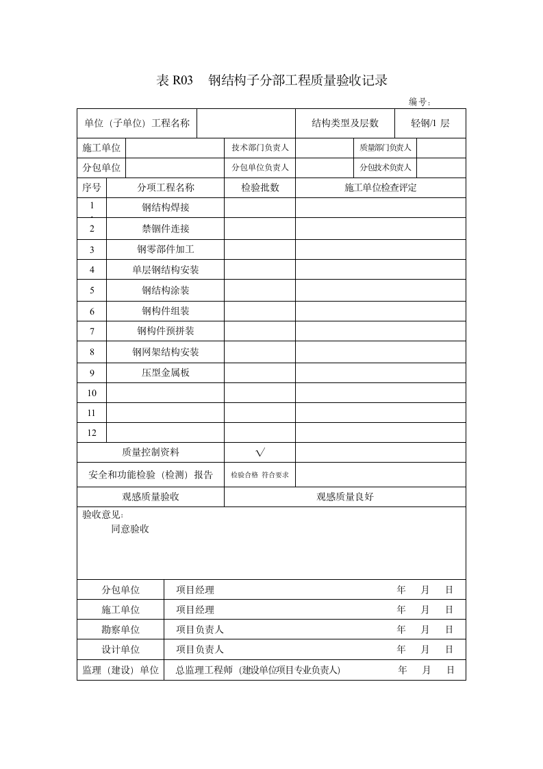 某钢结构子分部工程质量验收记录.doc