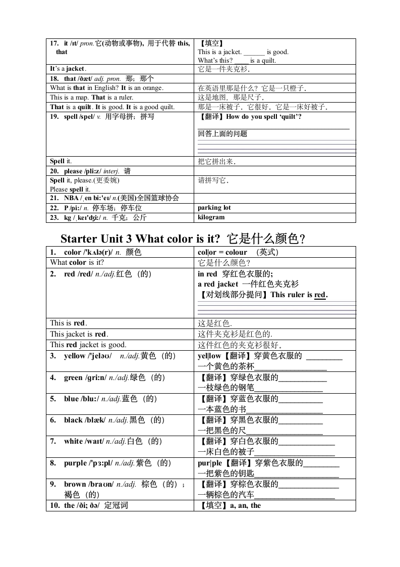 人教版七年级上册 Starter unit1-starter unit 3 词汇讲义.doc第3页