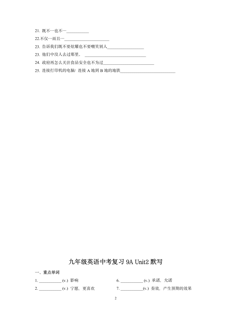 2022年牛津译林版中考英语一轮复习讲义九年级上册常考重点单词短语默写（无答案）.doc第2页