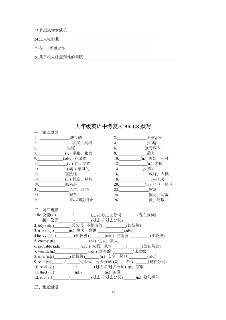 2022年牛津译林版中考英语一轮复习讲义九年级上册常考重点单词短语默写（无答案）.doc第13页