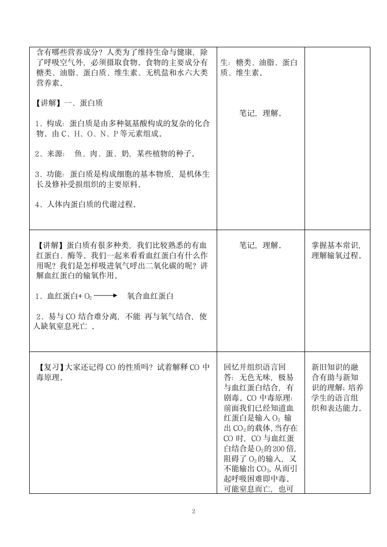 人教版（五四学制）化学九年级全册  第五单元  课题1  人类重要的营养物质 (第1课时) 教案(表格式).doc第2页