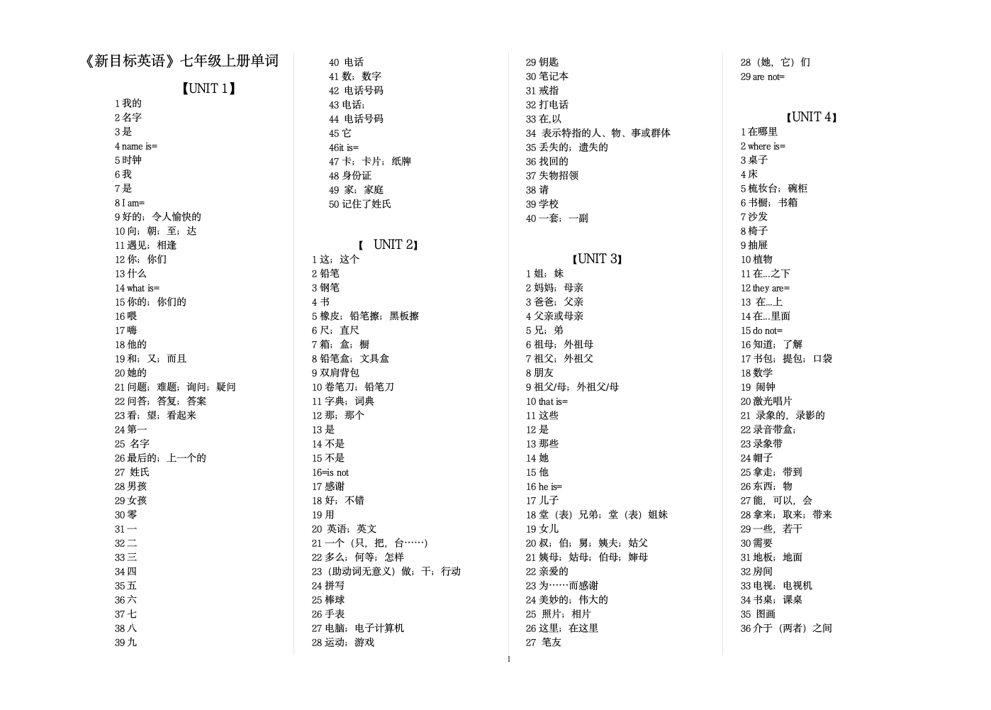 七年级上册所有单词的汉语，适合学生复习时默写。.doc第1页