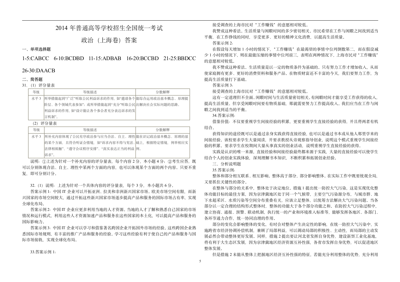 2014高考政治上海卷第5页