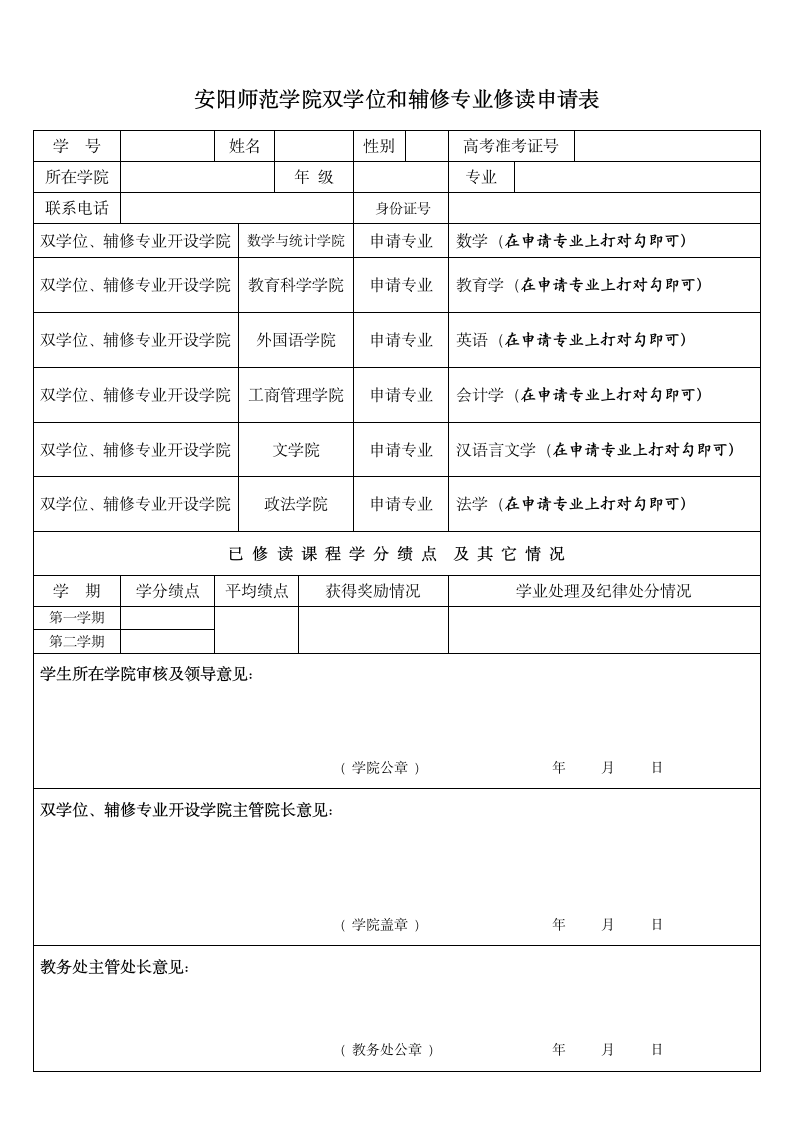 安阳师范学院双学位申请表第1页