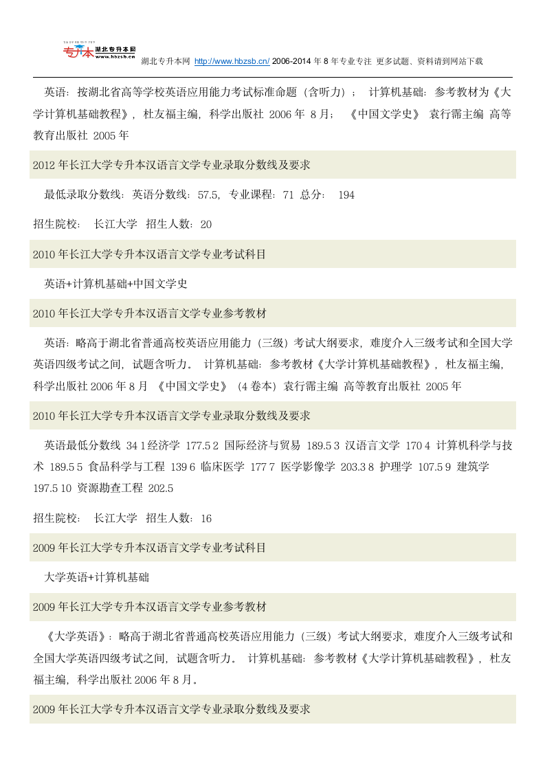 长江大学普通专升本考试汉语言文学专业招生人数、考试科目、复习教材和试题及录取分数线第2页