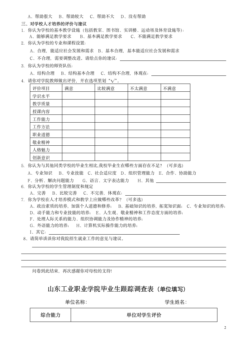 2015届山东工业职业学院毕业生跟踪调查问卷毕业生填写第2页