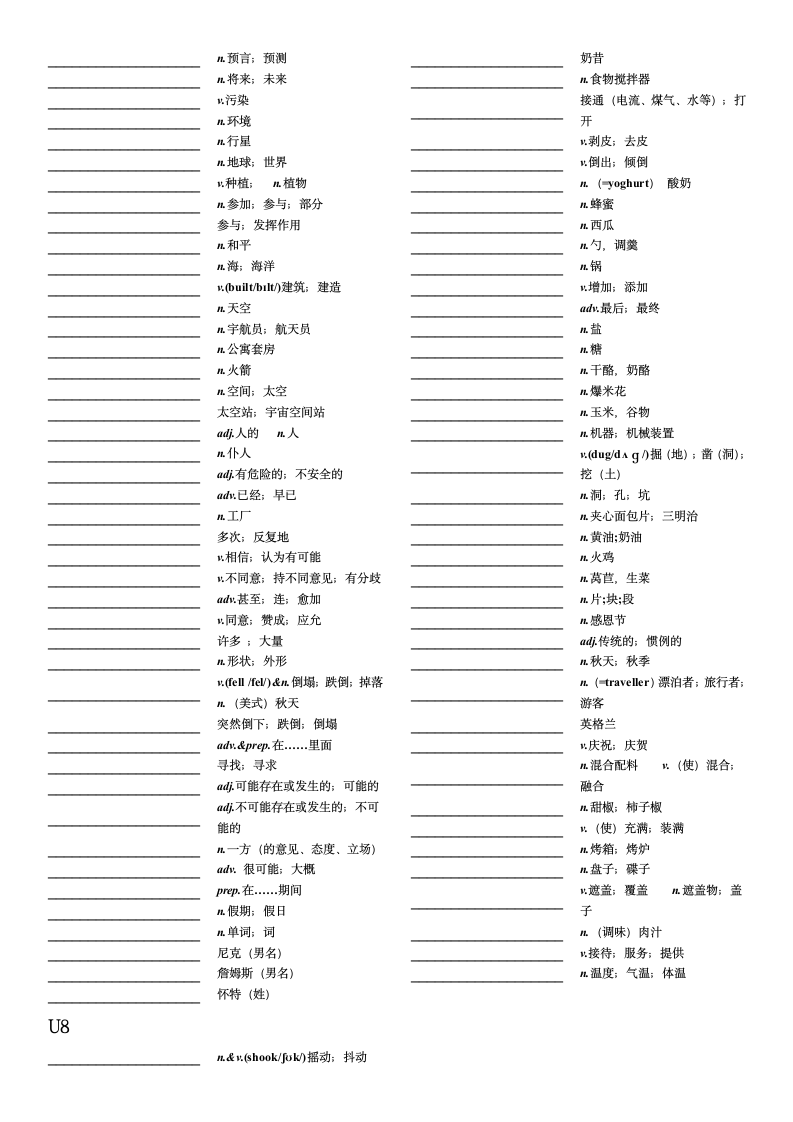 人教版八年级上册1-8单元 单词默写（无答案）.doc第4页