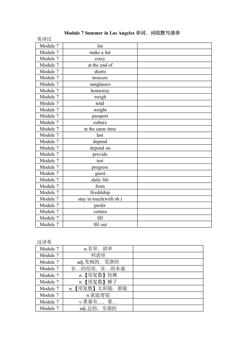 Module 7 Summer in Los Angeles 单词、词组默写清单（含答案）.doc