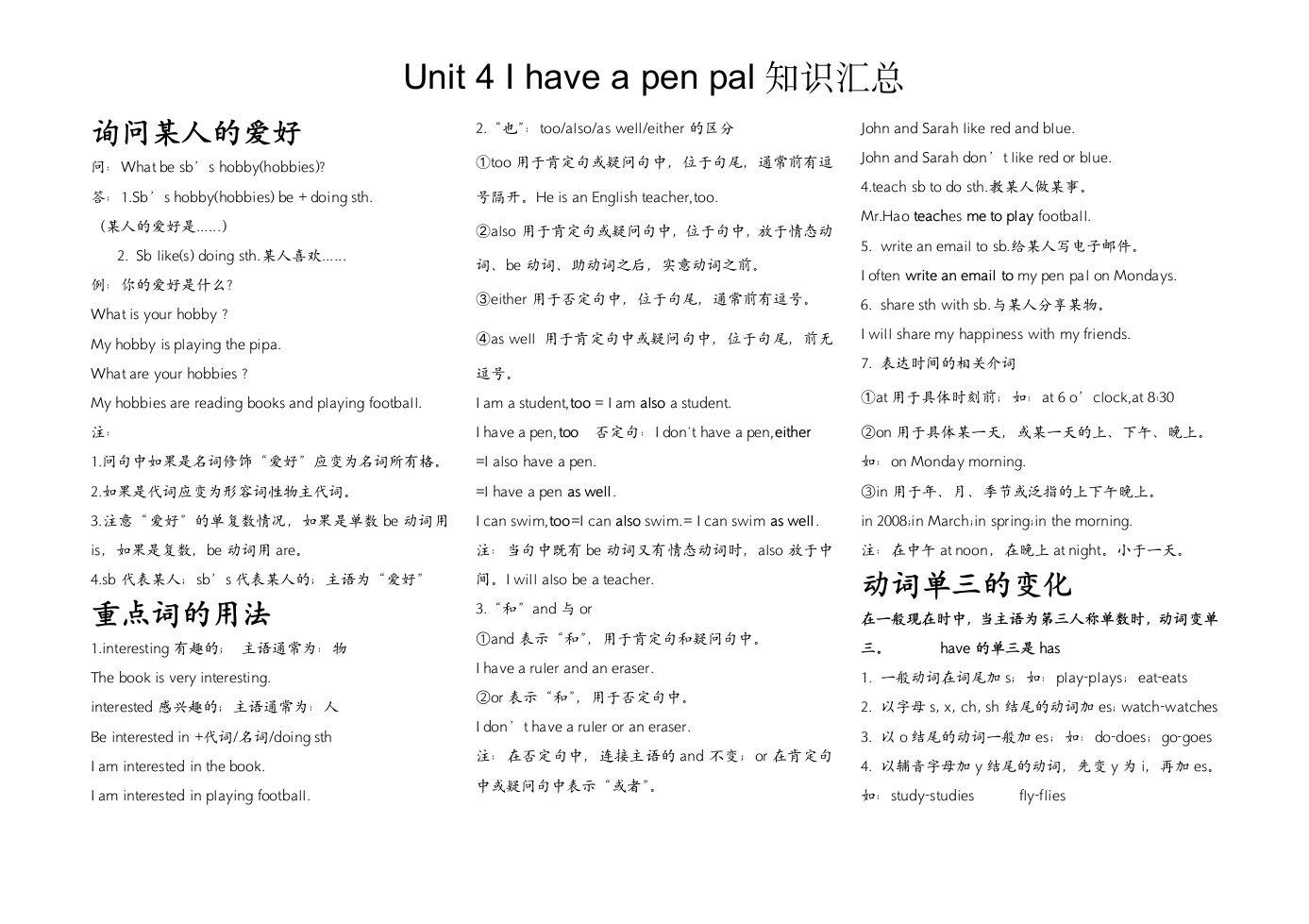 Unit 4 I have a pen pal 知识点汇总.doc第1页