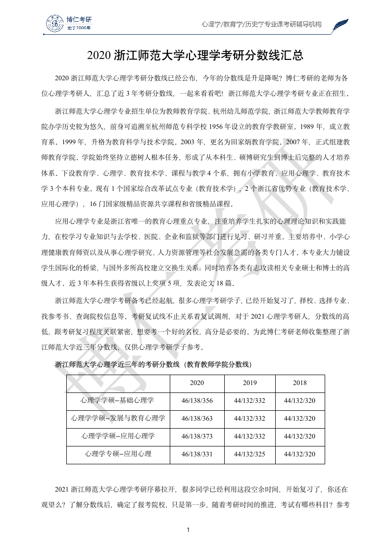 浙江师范大学心理学考研分数线第1页