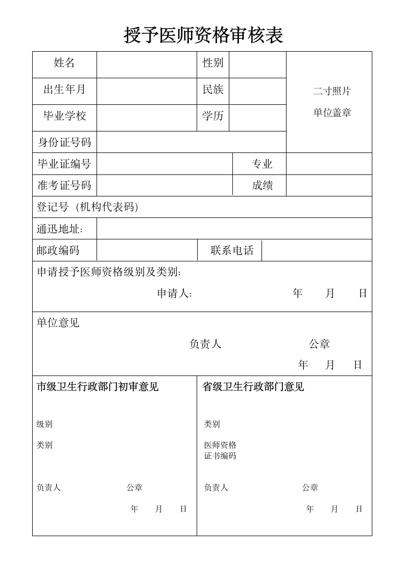 授予医师资格审核表第1页