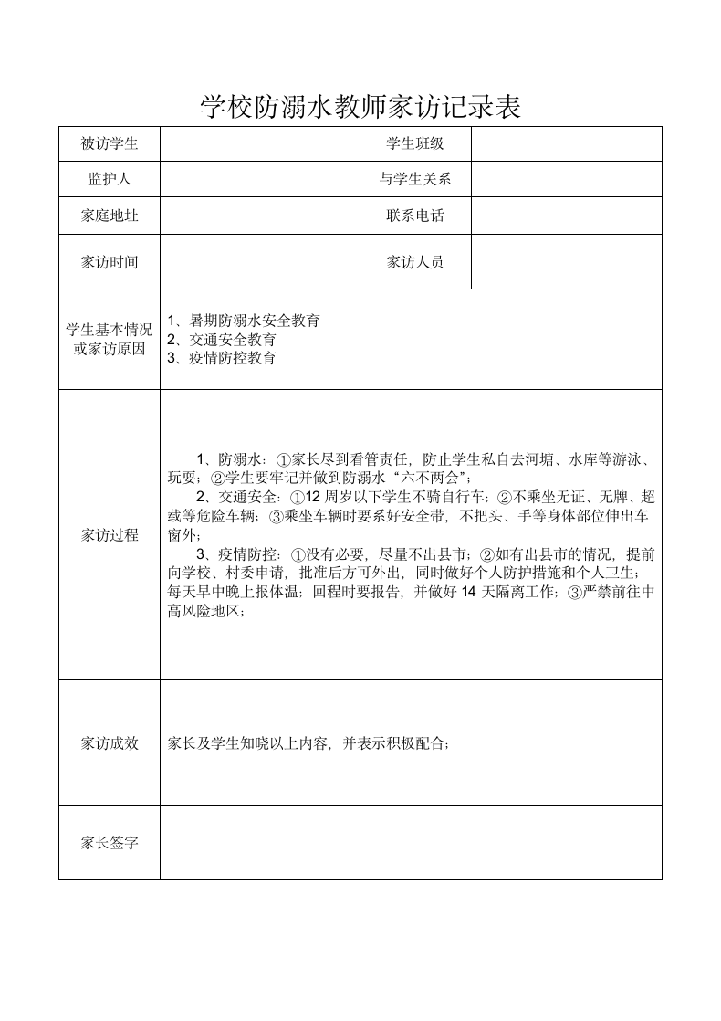 学校防溺水教师家访记录表模板.docx第1页