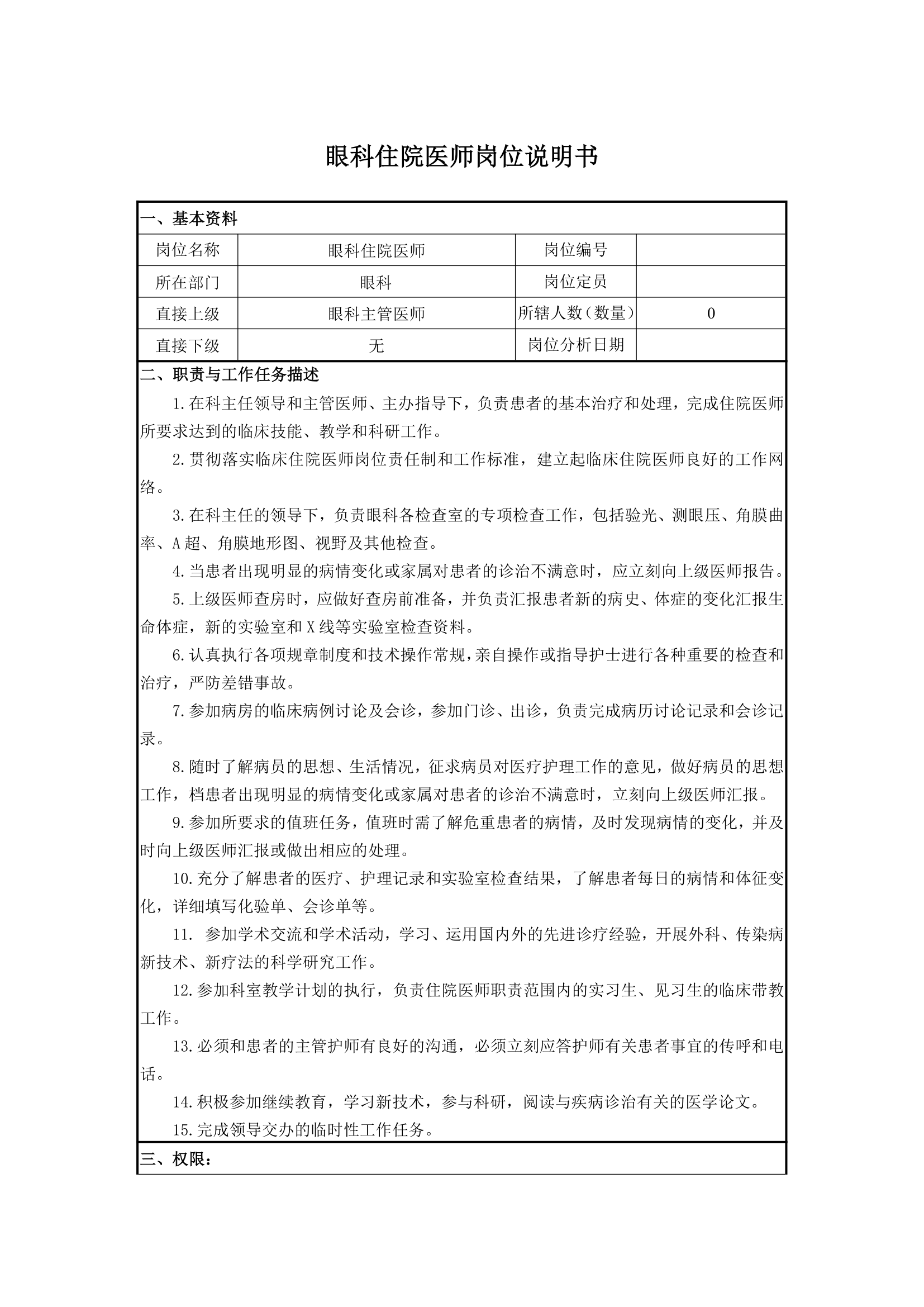 眼科住院医师岗位说明书第1页