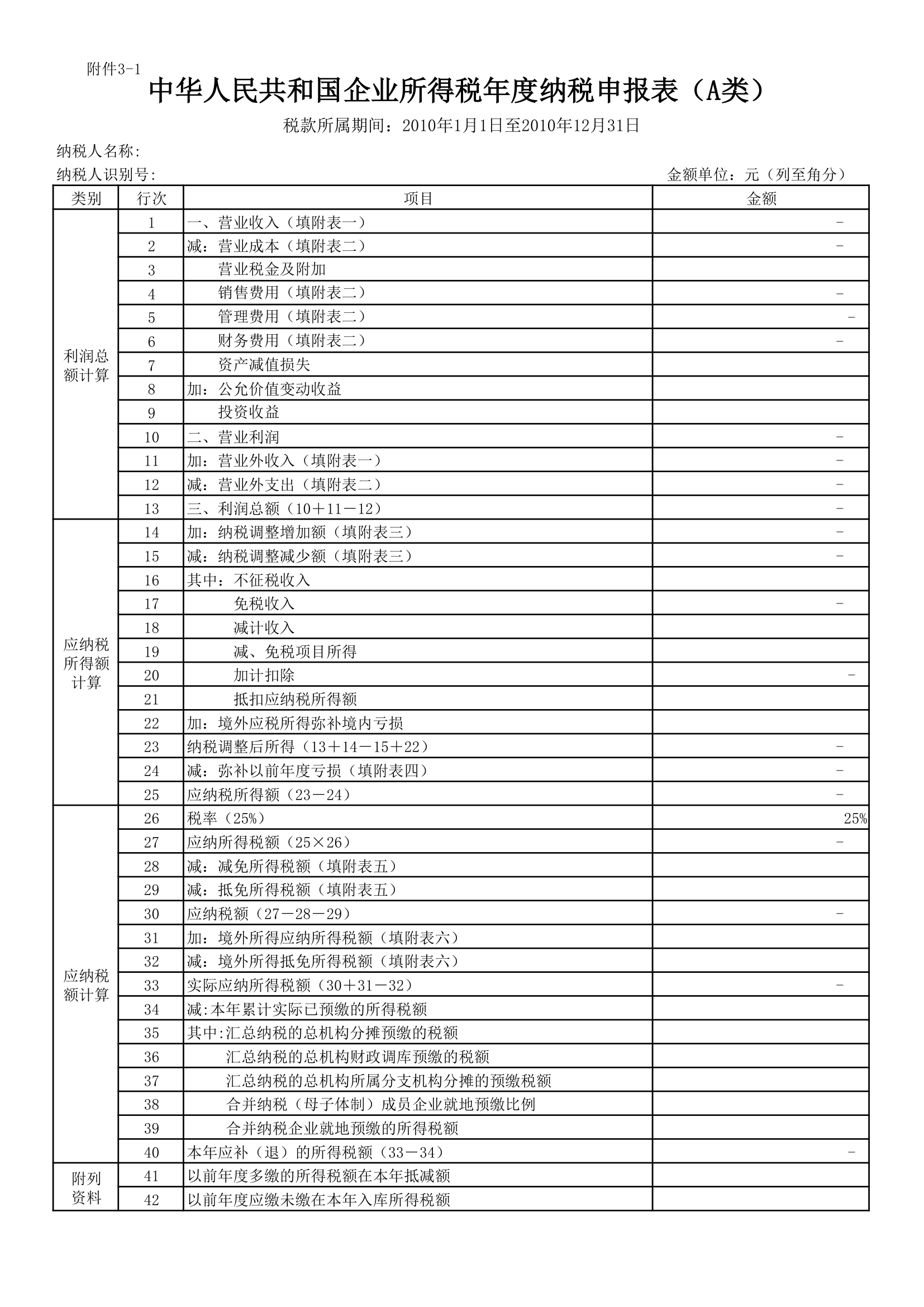 2010年度企业所得税申报表及附表