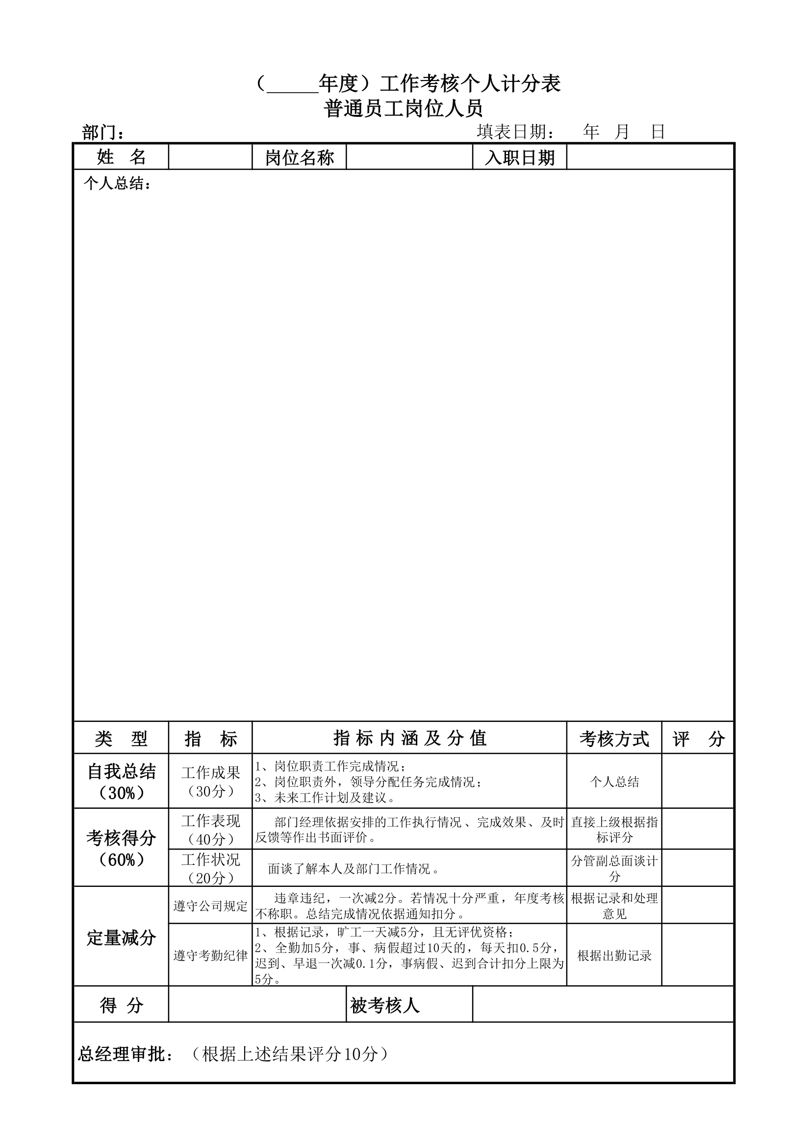 员工年终总结考核表