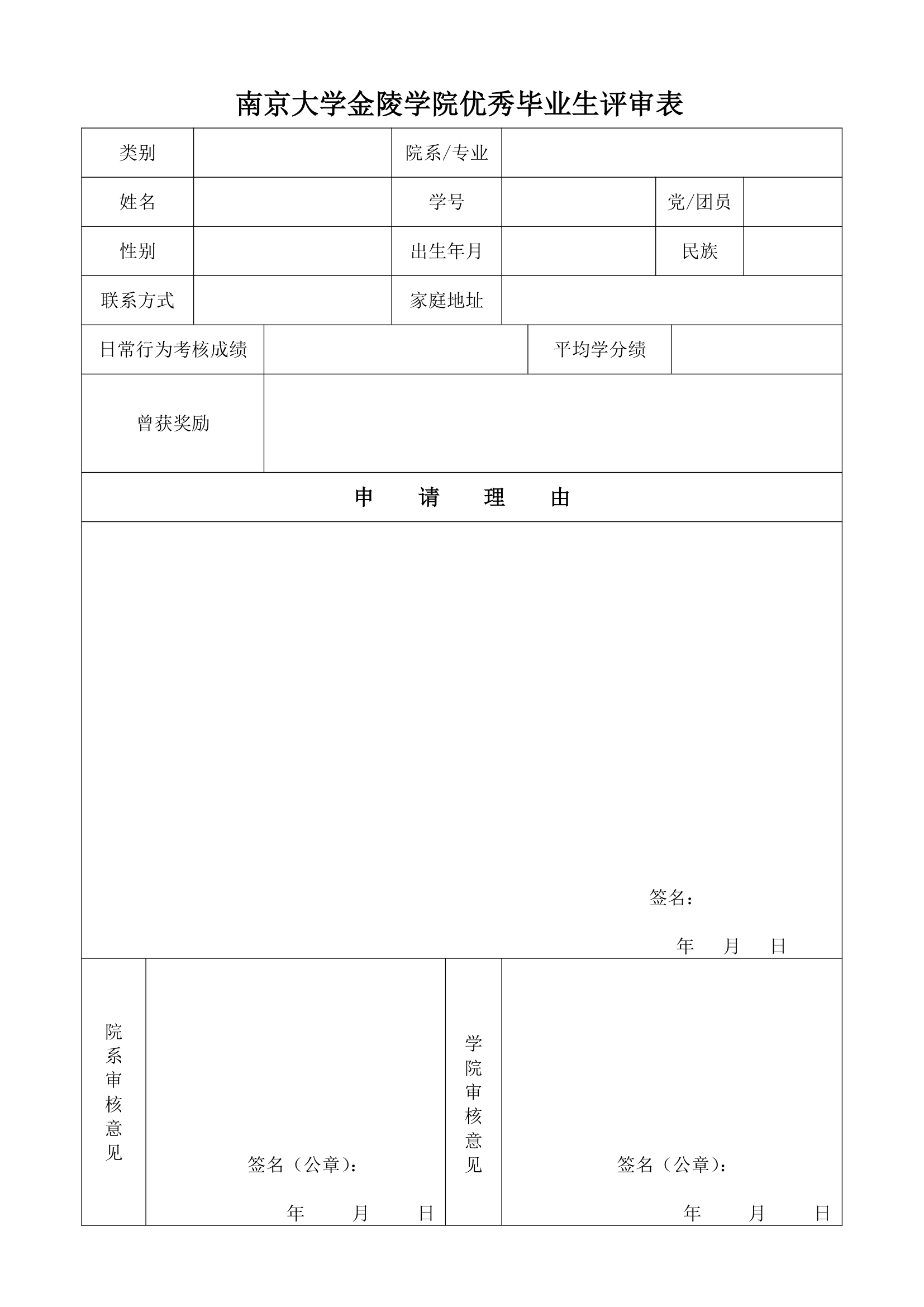 20111121152106南京大学金陵学院优秀毕业生评审表(2011)第1页