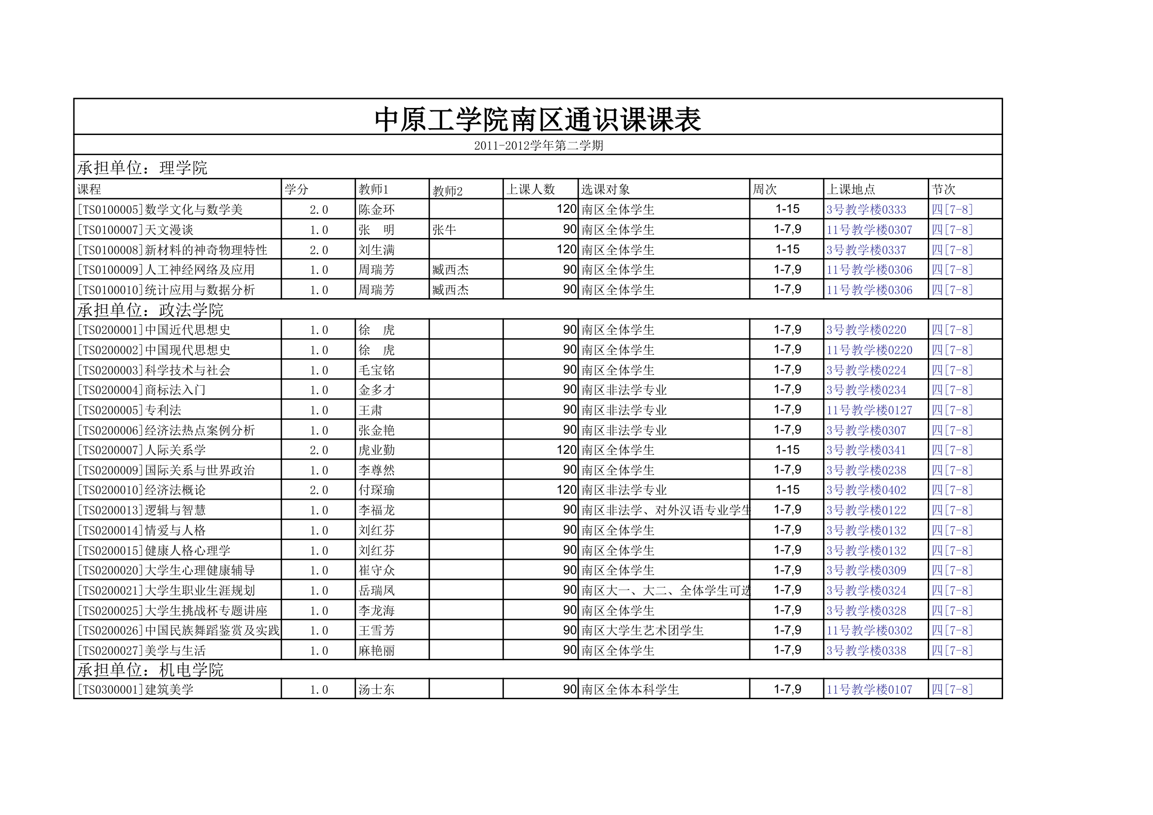 中原工学院南区通识课课表第1页