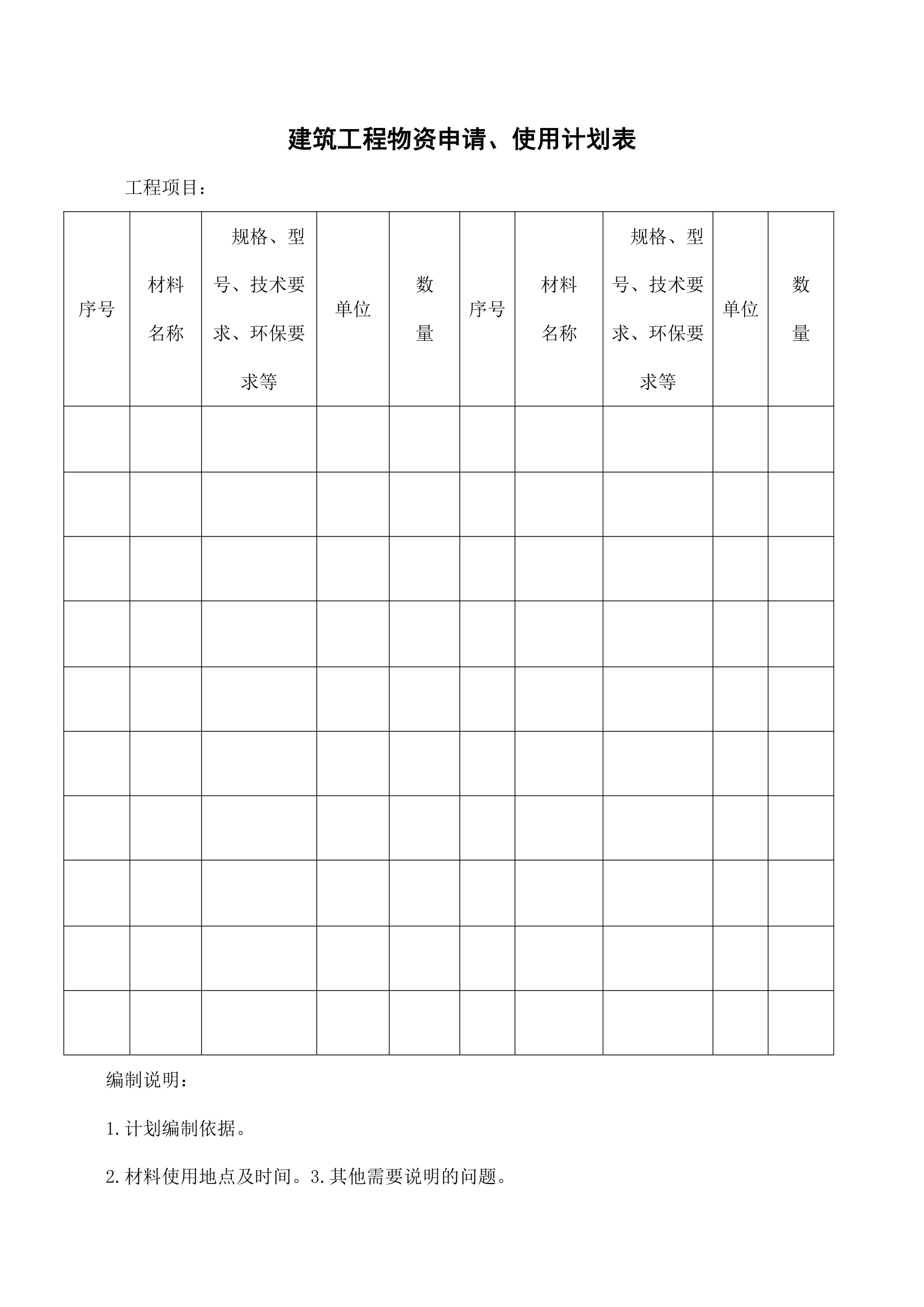 建筑工程物资申请、使用计划表.docx第1页