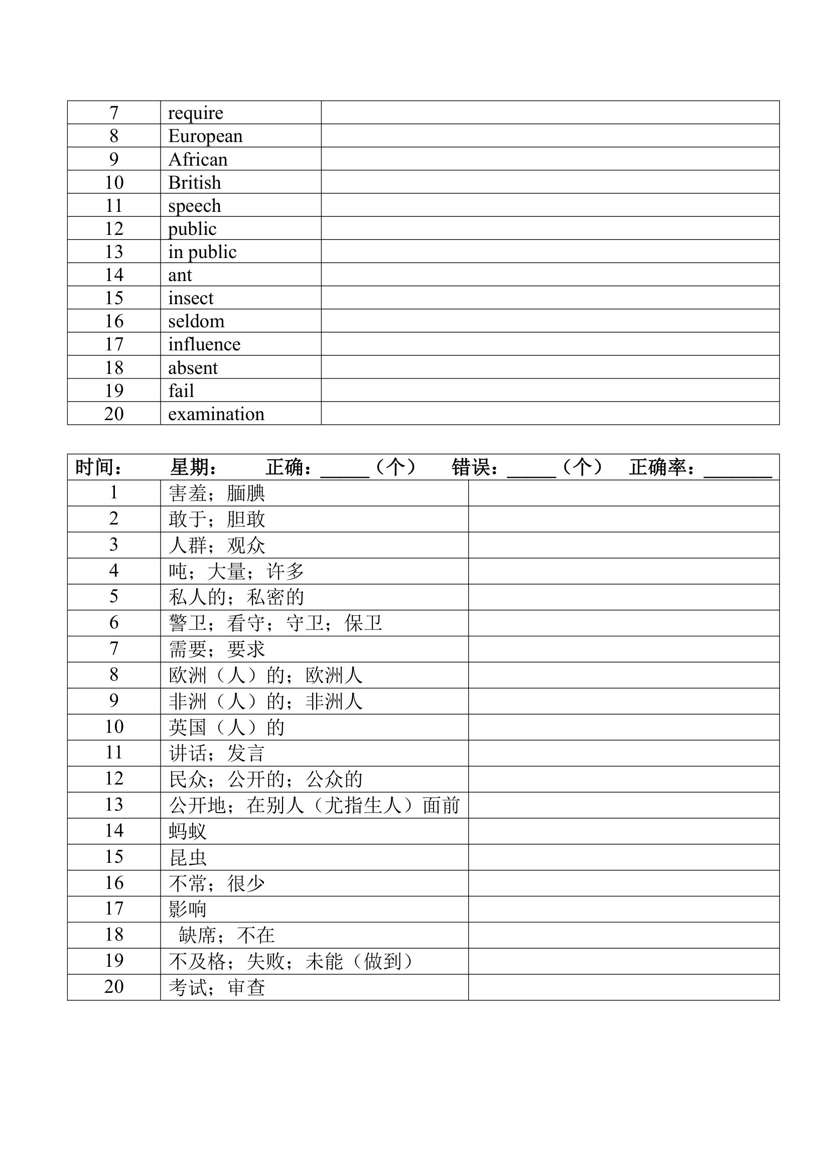 2022年人教版中考复习九年级中英词汇默写（第一周）（word版）.doc第8页