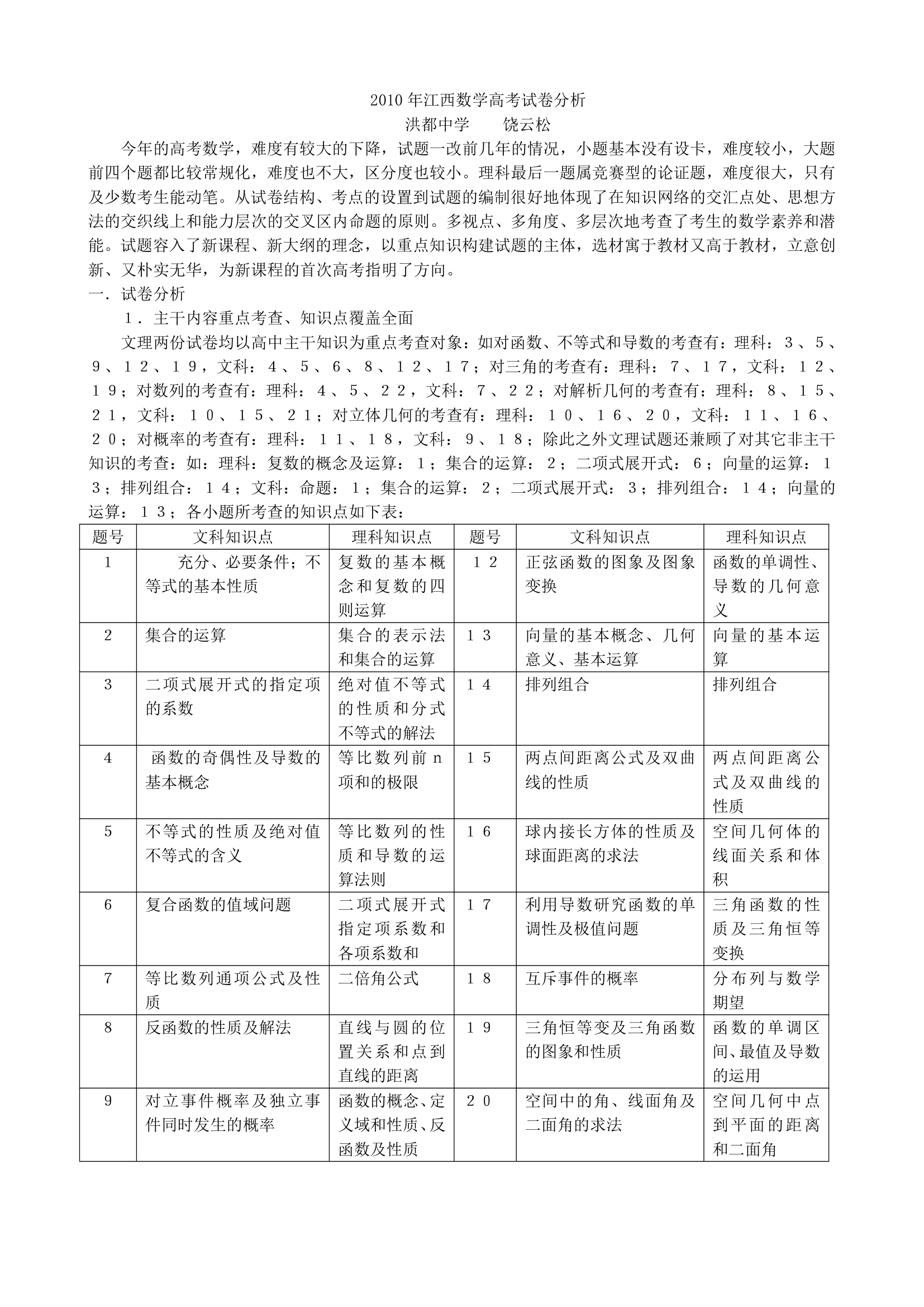 2010年江西数学高考试卷分析第1页