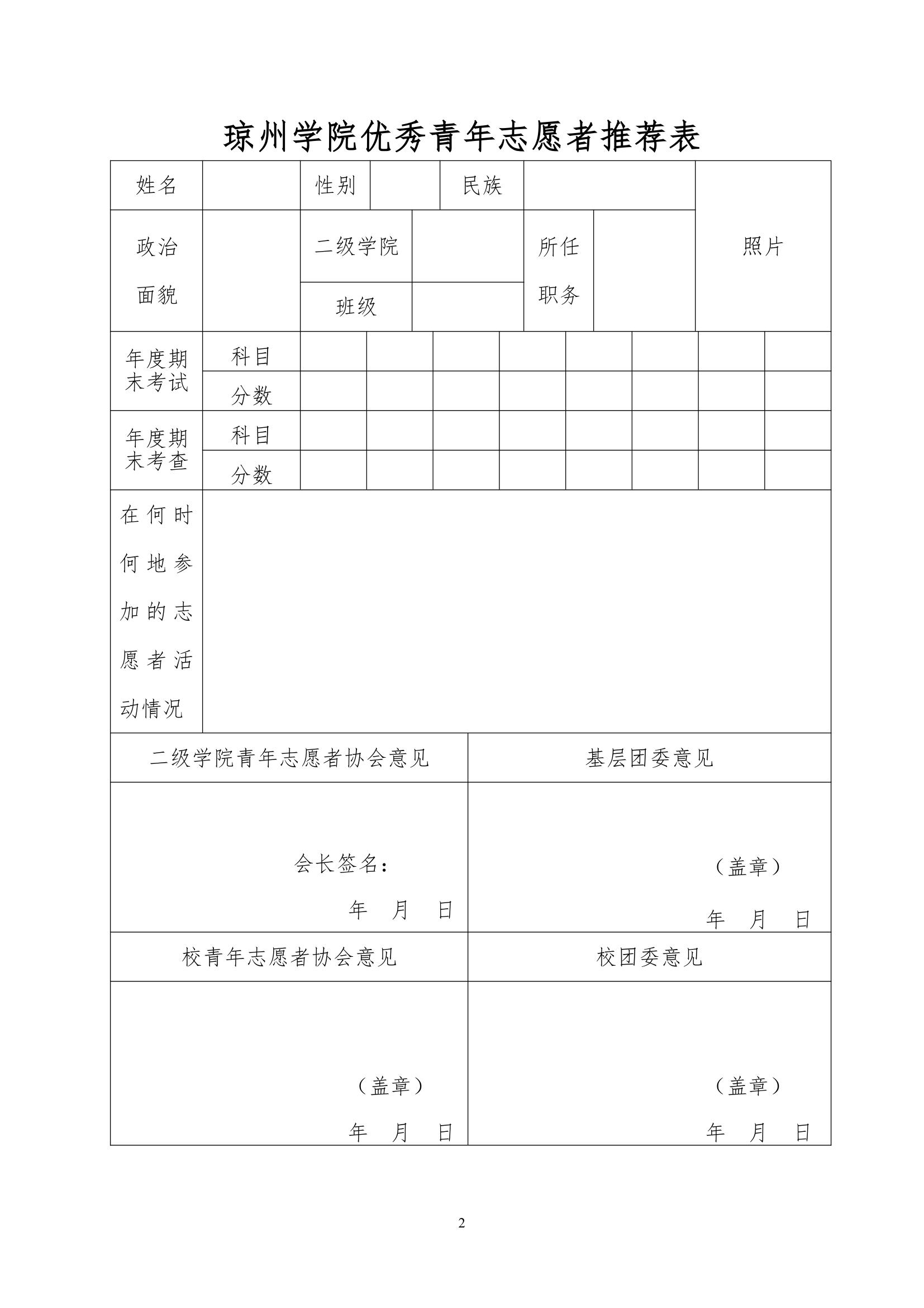 琼州学院优秀青年志愿协会负责人推荐表第2页